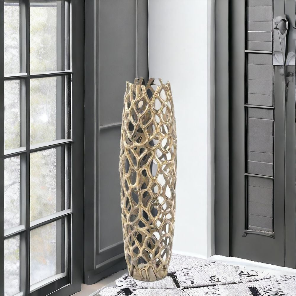 32" Aluminum Gold Twigs Cylinder Floor Vase-Vases-DECOROLALA