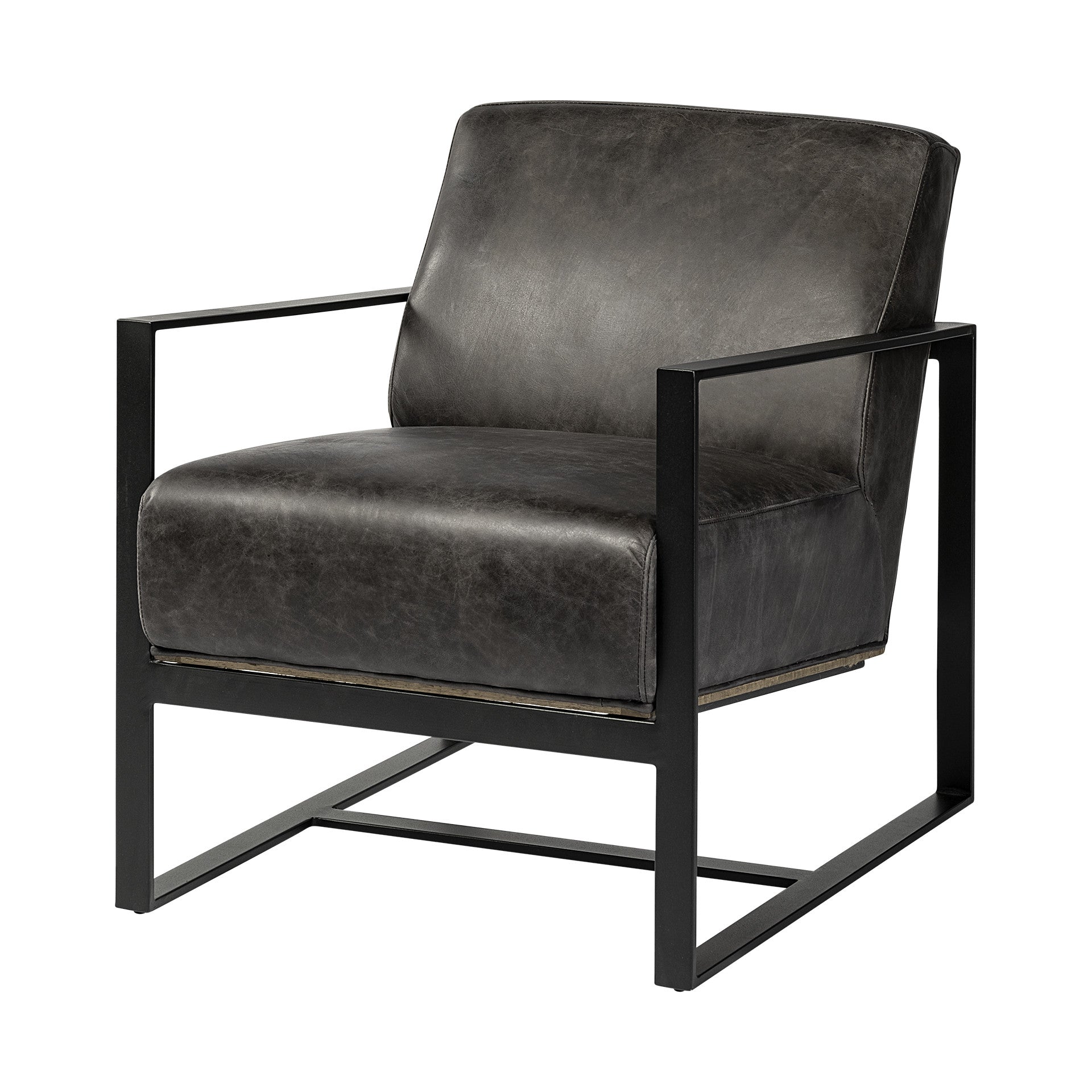 32" Black Genuine Leather Distressed Arm Chair-Accent Chairs-DECOROLALA
