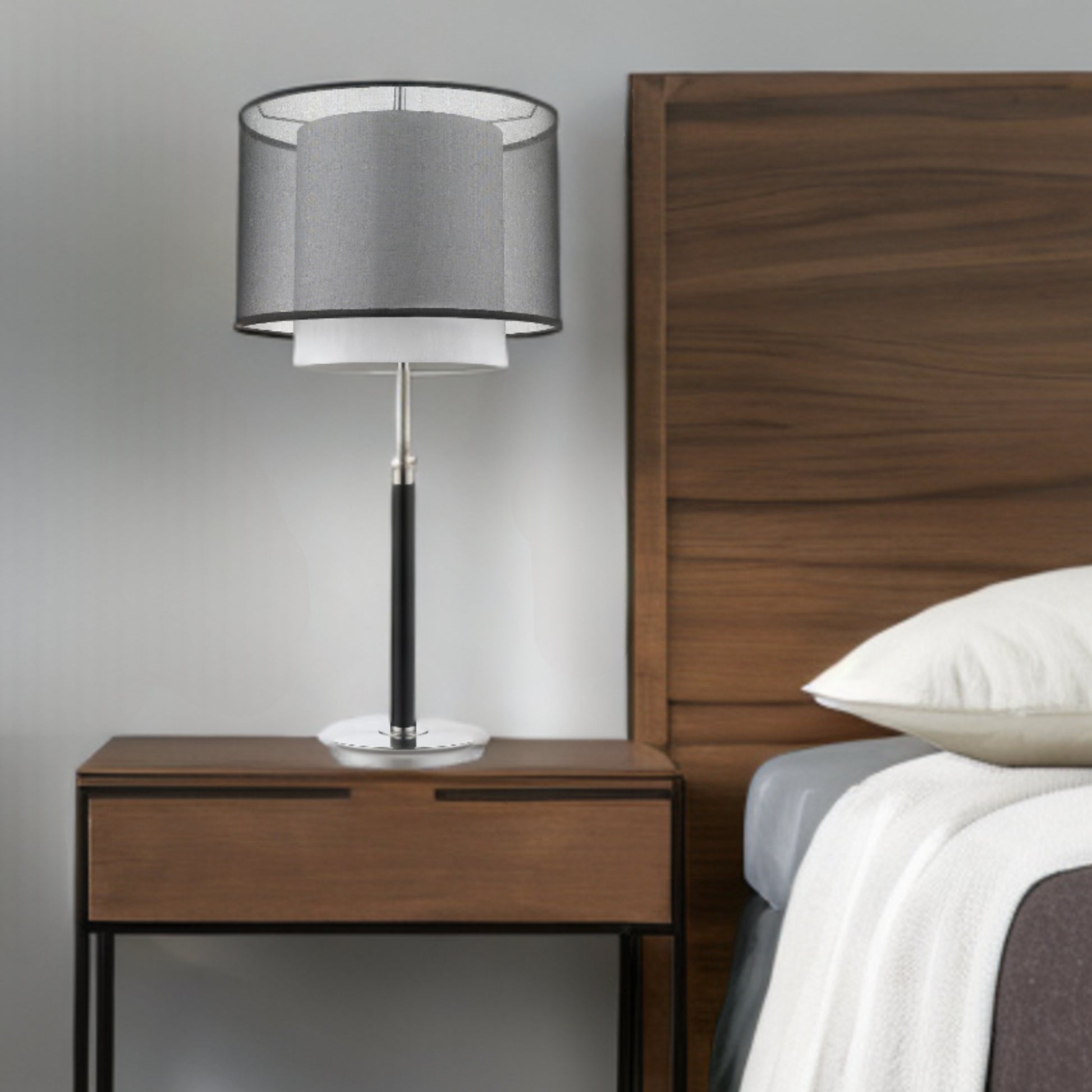 32" Black and Silver Metal Column Lamp With Black and White Drum Shade-Table Lamps-DECOROLALA