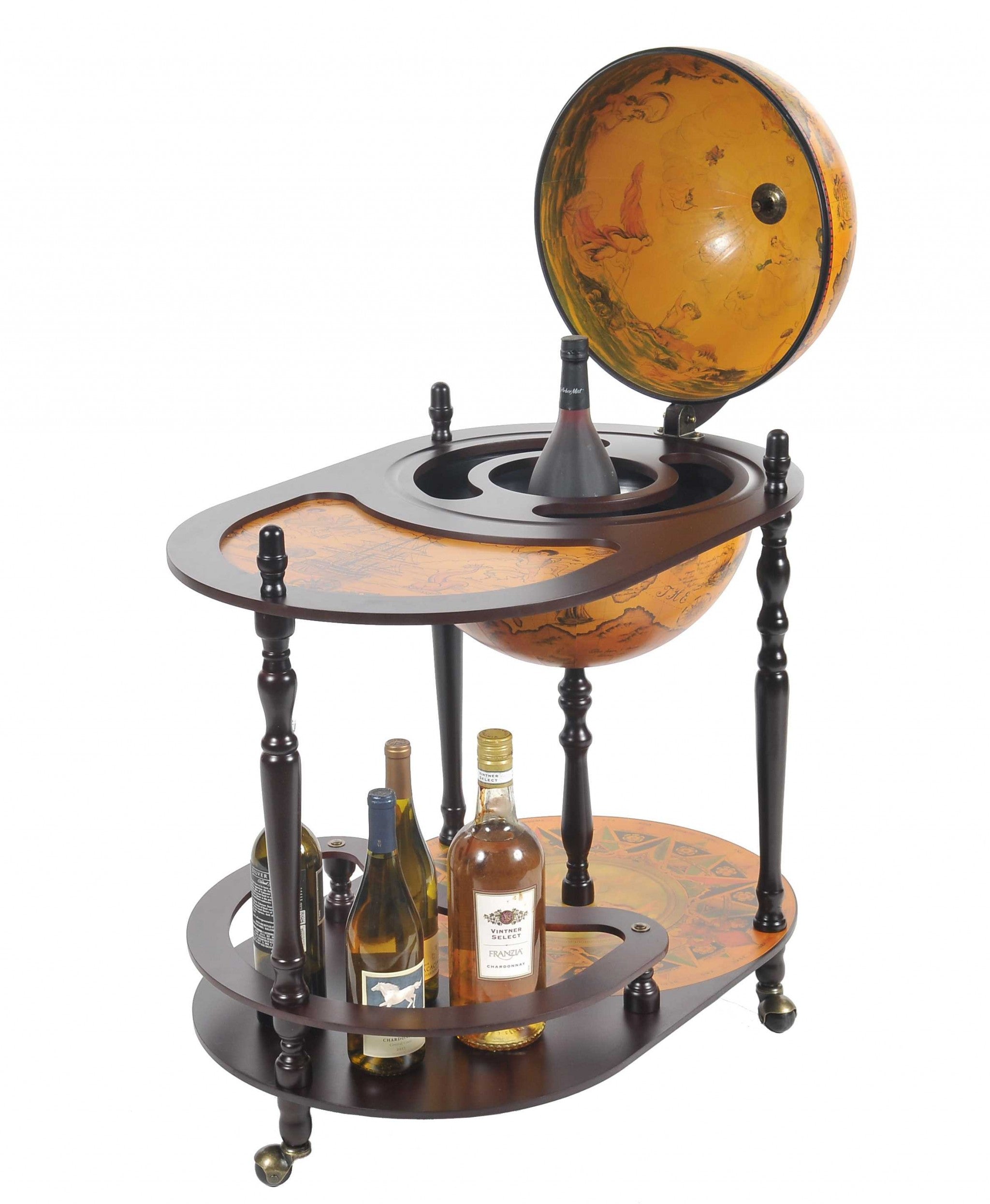 32" Brown Solid Wood Oval Rolling Bar Cart With Wine Storage-Bar Carts and Servers-DECOROLALA