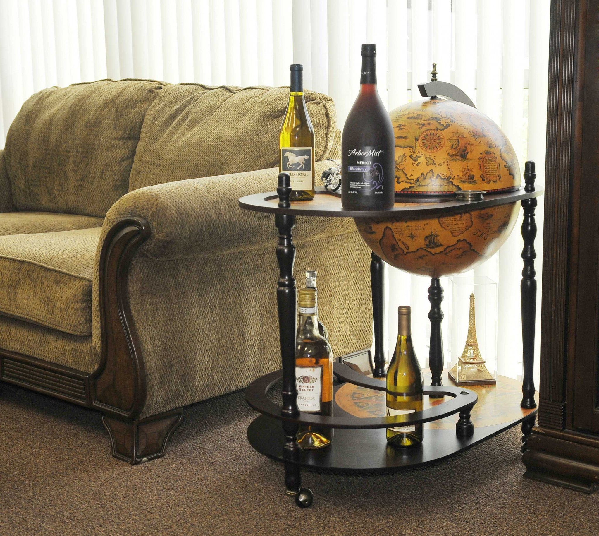 32" Brown Solid Wood Oval Rolling Bar Cart With Wine Storage-Bar Carts and Servers-DECOROLALA