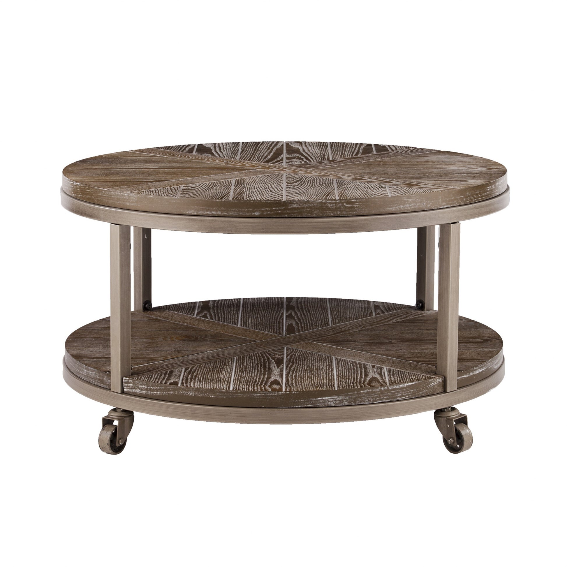 32" Brown Wood And Iron With Iron Round Distressed Coffee Table-Coffee Tables-DECOROLALA