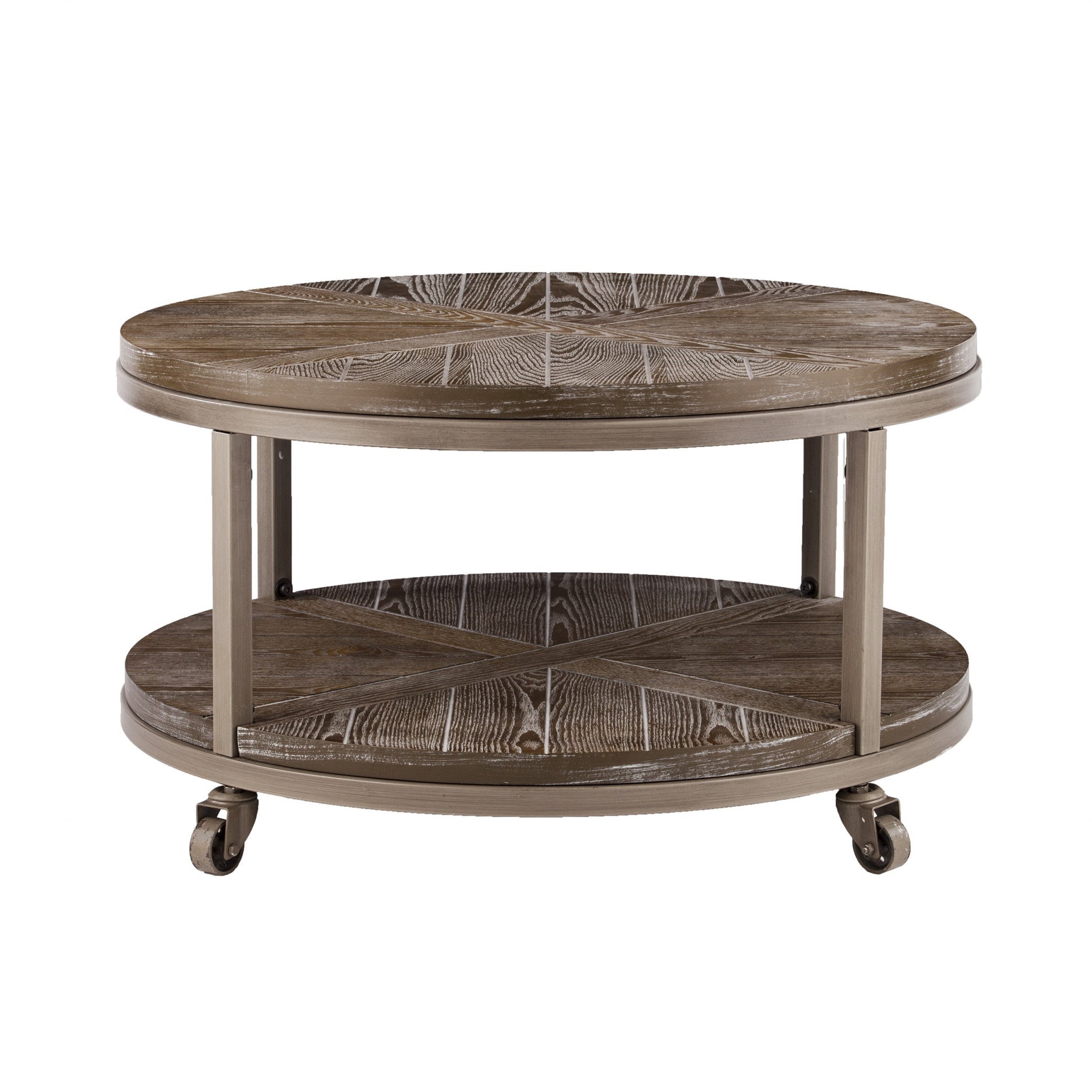 32" Brown Wood And Iron With Iron Round Distressed Coffee Table-Coffee Tables-DECOROLALA