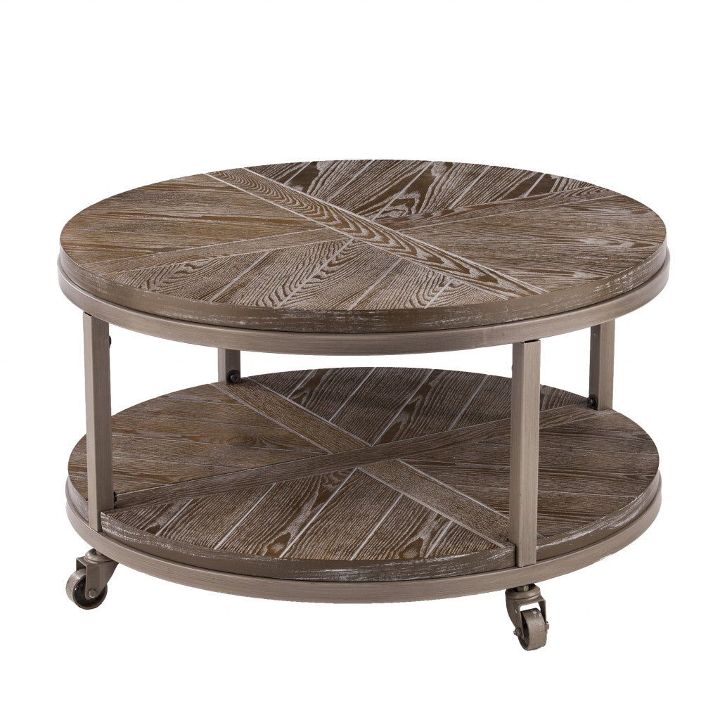 32" Brown Wood And Iron With Iron Round Distressed Coffee Table-Coffee Tables-DECOROLALA