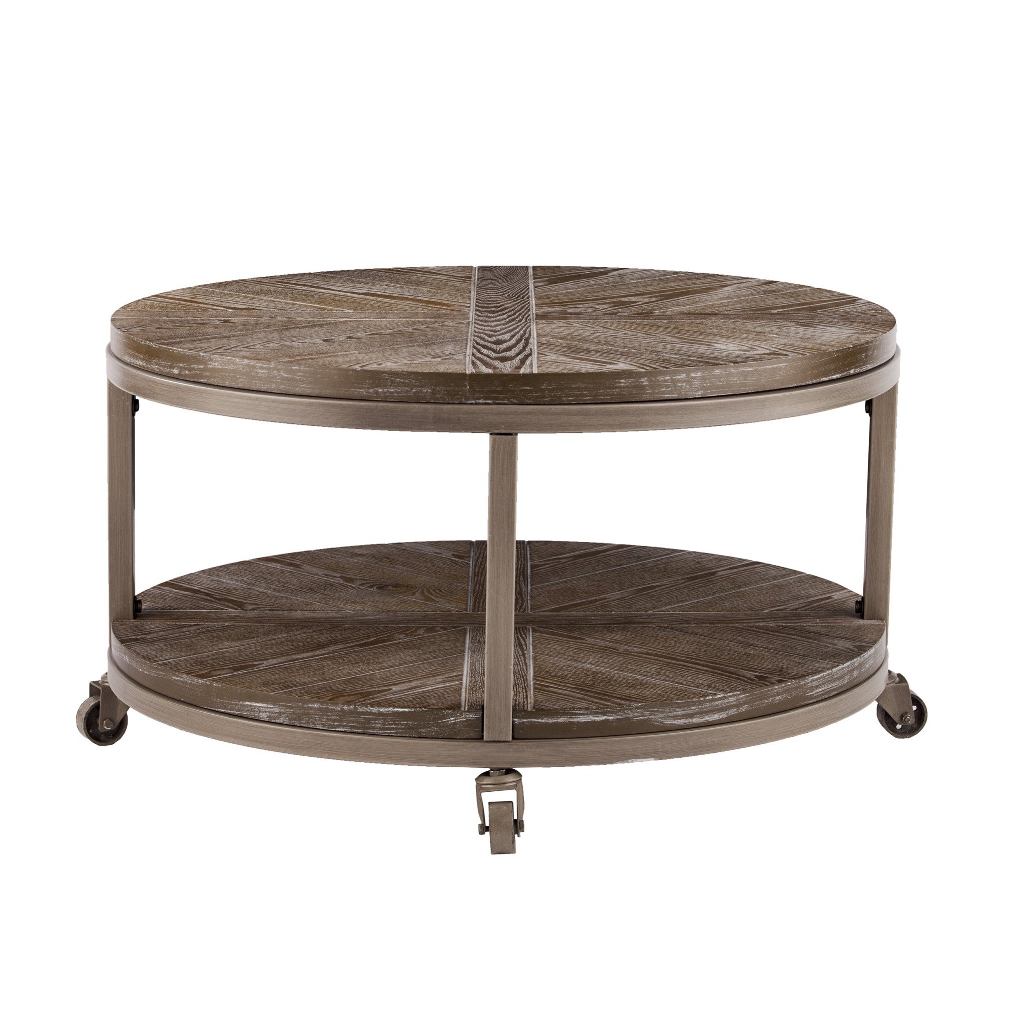 32" Brown Wood And Iron With Iron Round Distressed Coffee Table-Coffee Tables-DECOROLALA