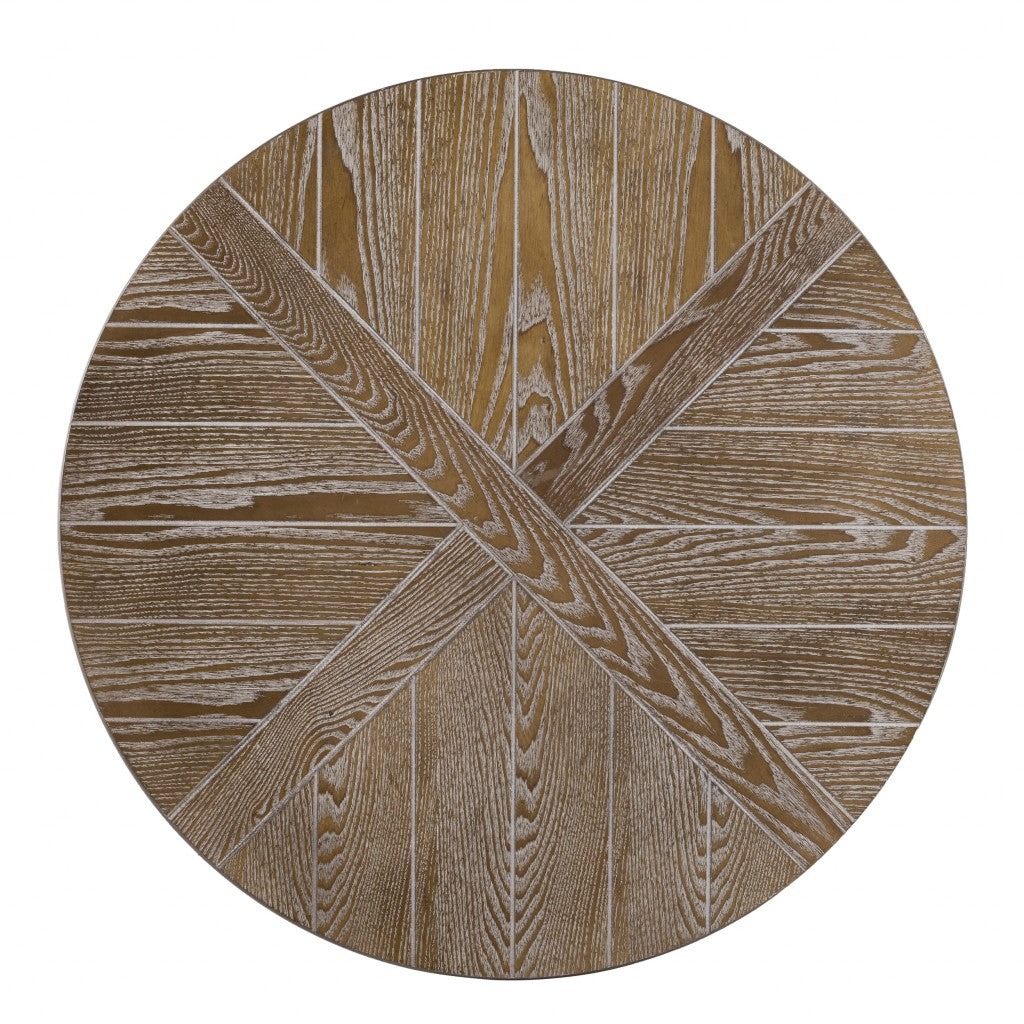 32" Brown Wood And Iron With Iron Round Distressed Coffee Table-Coffee Tables-DECOROLALA