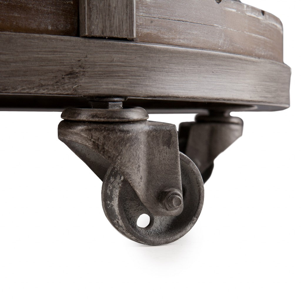 32" Brown Wood And Iron With Iron Round Distressed Coffee Table-Coffee Tables-DECOROLALA