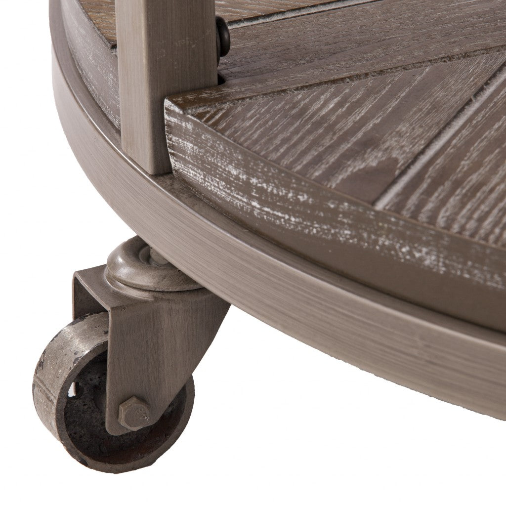 32" Brown Wood And Iron With Iron Round Distressed Coffee Table-Coffee Tables-DECOROLALA