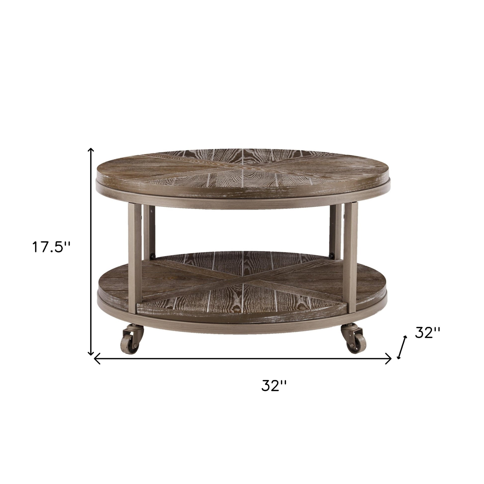 32" Brown Wood And Iron With Iron Round Distressed Coffee Table-Coffee Tables-DECOROLALA