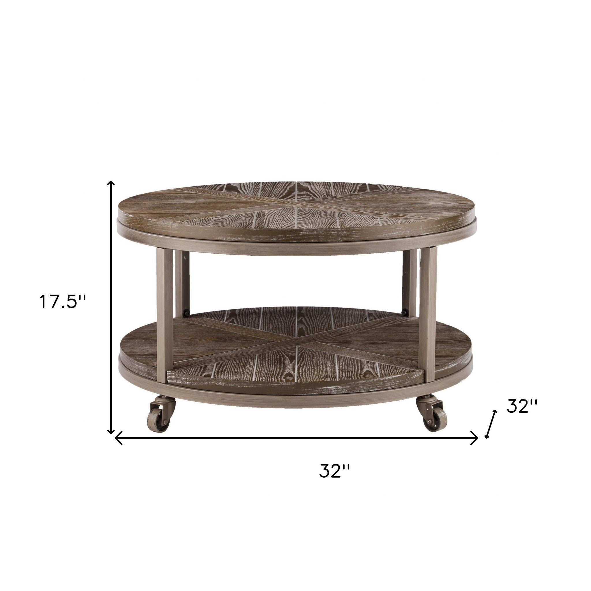 32" Brown Wood And Iron With Iron Round Distressed Coffee Table-Coffee Tables-DECOROLALA