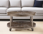 32" Brown Wood And Iron With Iron Round Distressed Coffee Table-Coffee Tables-DECOROLALA