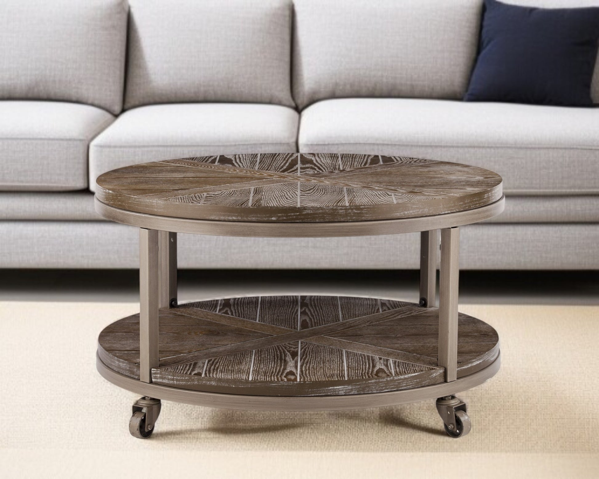 32" Brown Wood And Iron With Iron Round Distressed Coffee Table-Coffee Tables-DECOROLALA