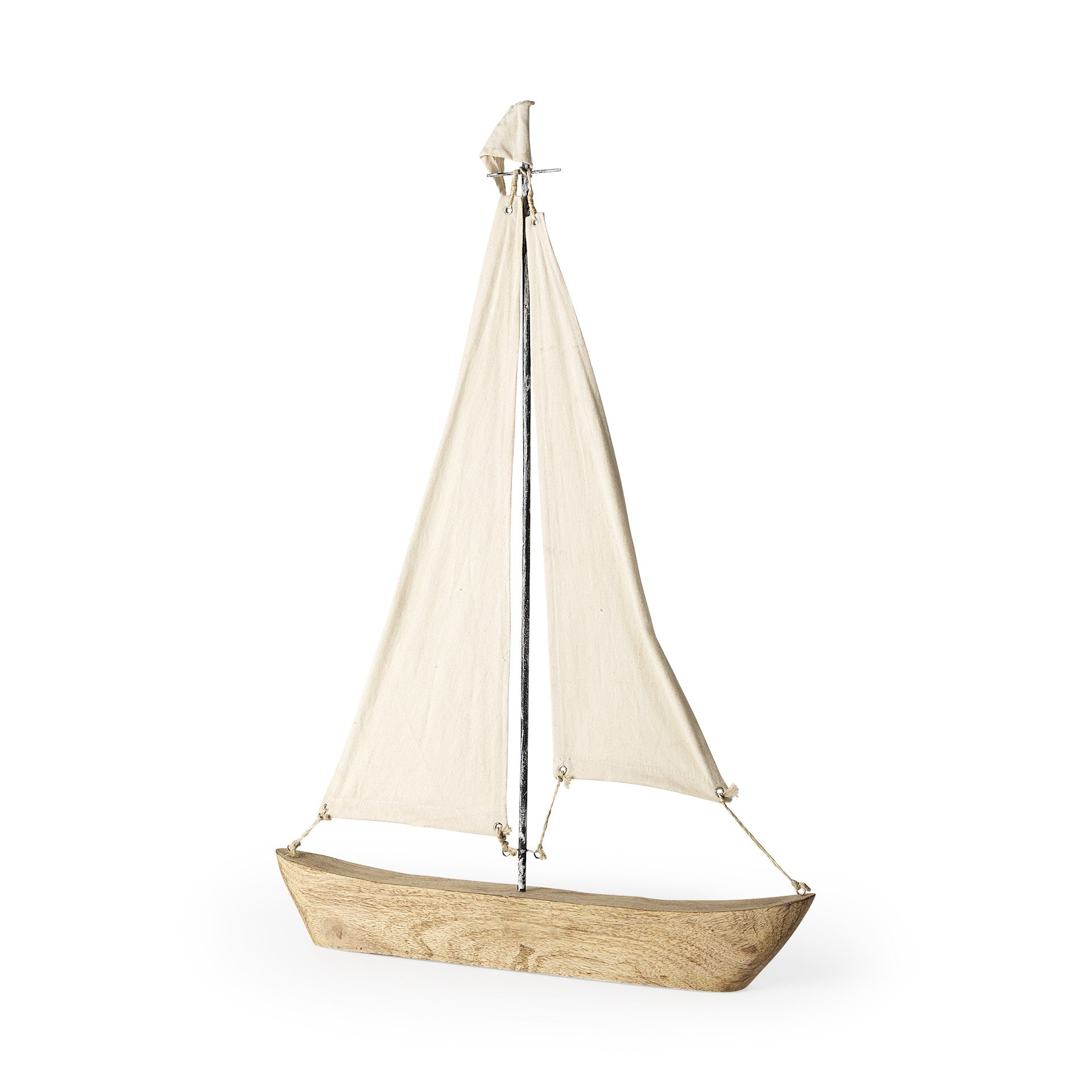 32" Brown Wood and Fabric Sailboat Tabletop Sculpture-Sculptures-DECOROLALA