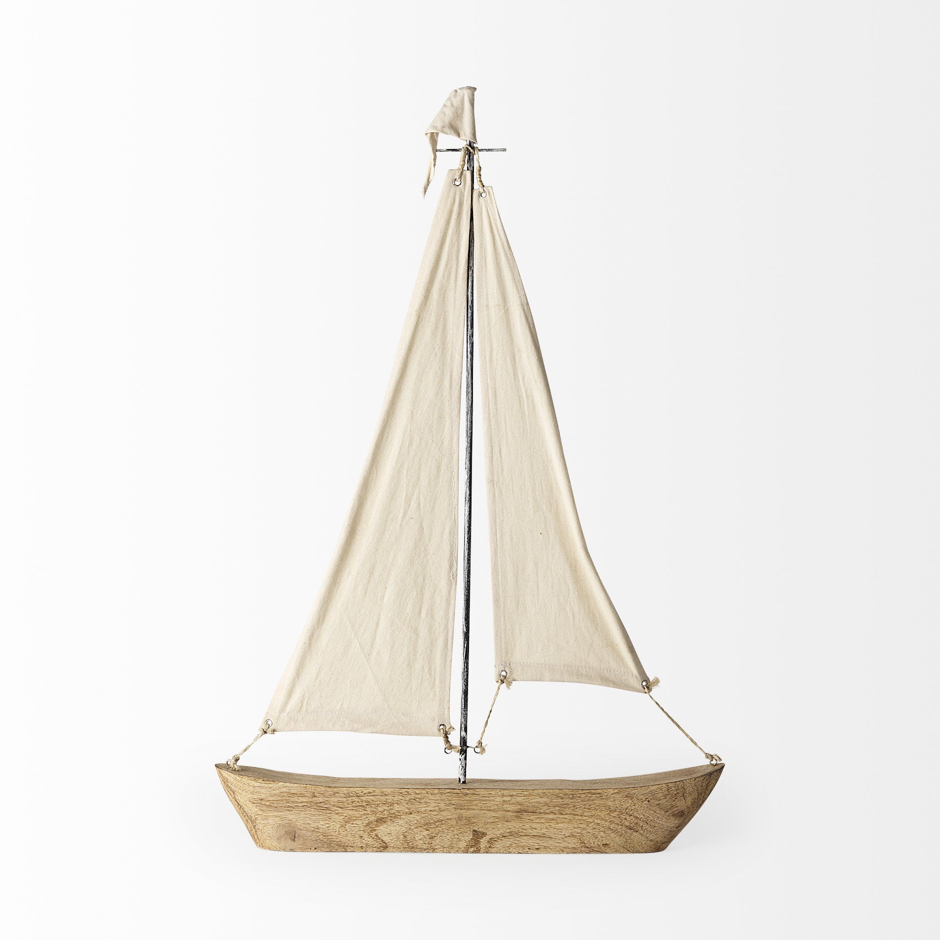 32" Brown Wood and Fabric Sailboat Tabletop Sculpture-Sculptures-DECOROLALA