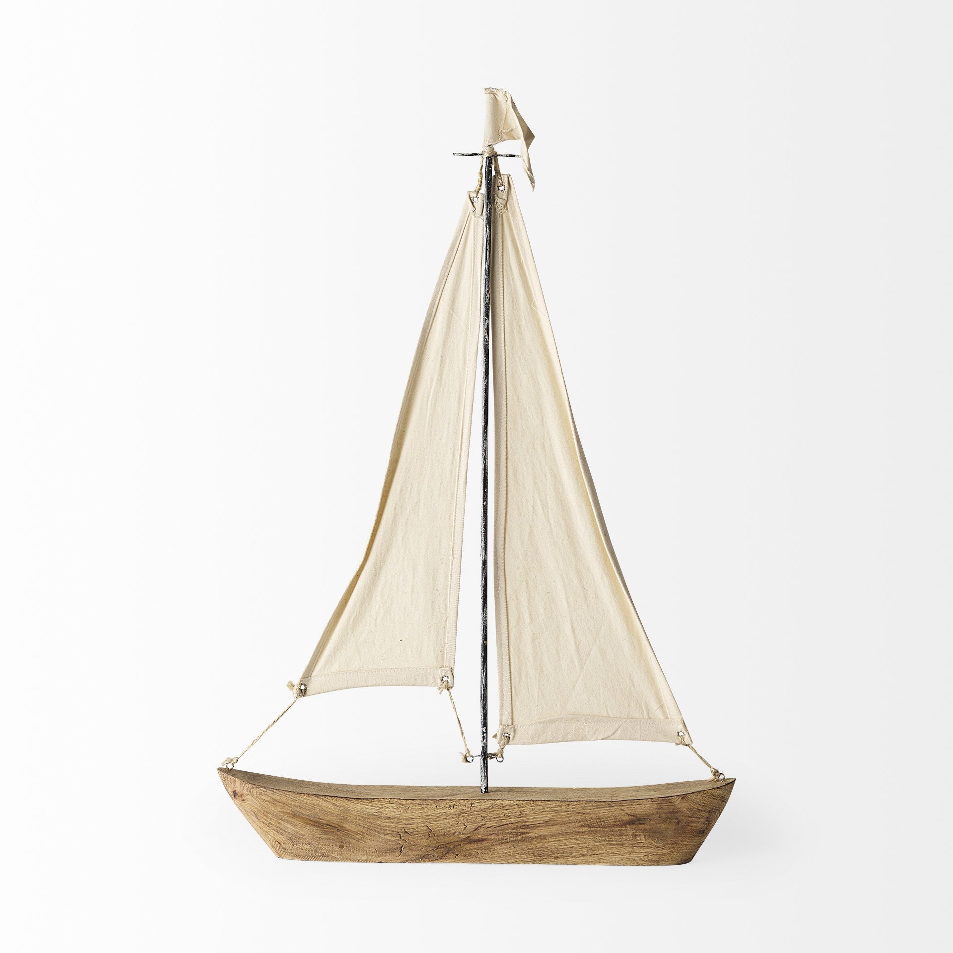 32" Brown Wood and Fabric Sailboat Tabletop Sculpture-Sculptures-DECOROLALA