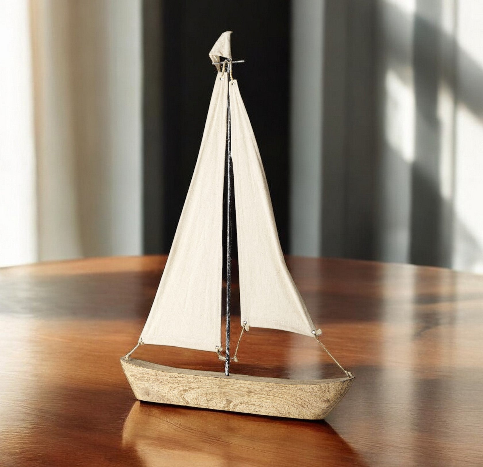32" Brown Wood and Fabric Sailboat Tabletop Sculpture-Sculptures-DECOROLALA