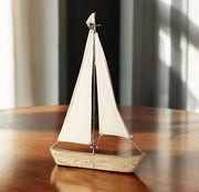 32" Brown Wood and Fabric Sailboat Tabletop Sculpture-Sculptures-DECOROLALA