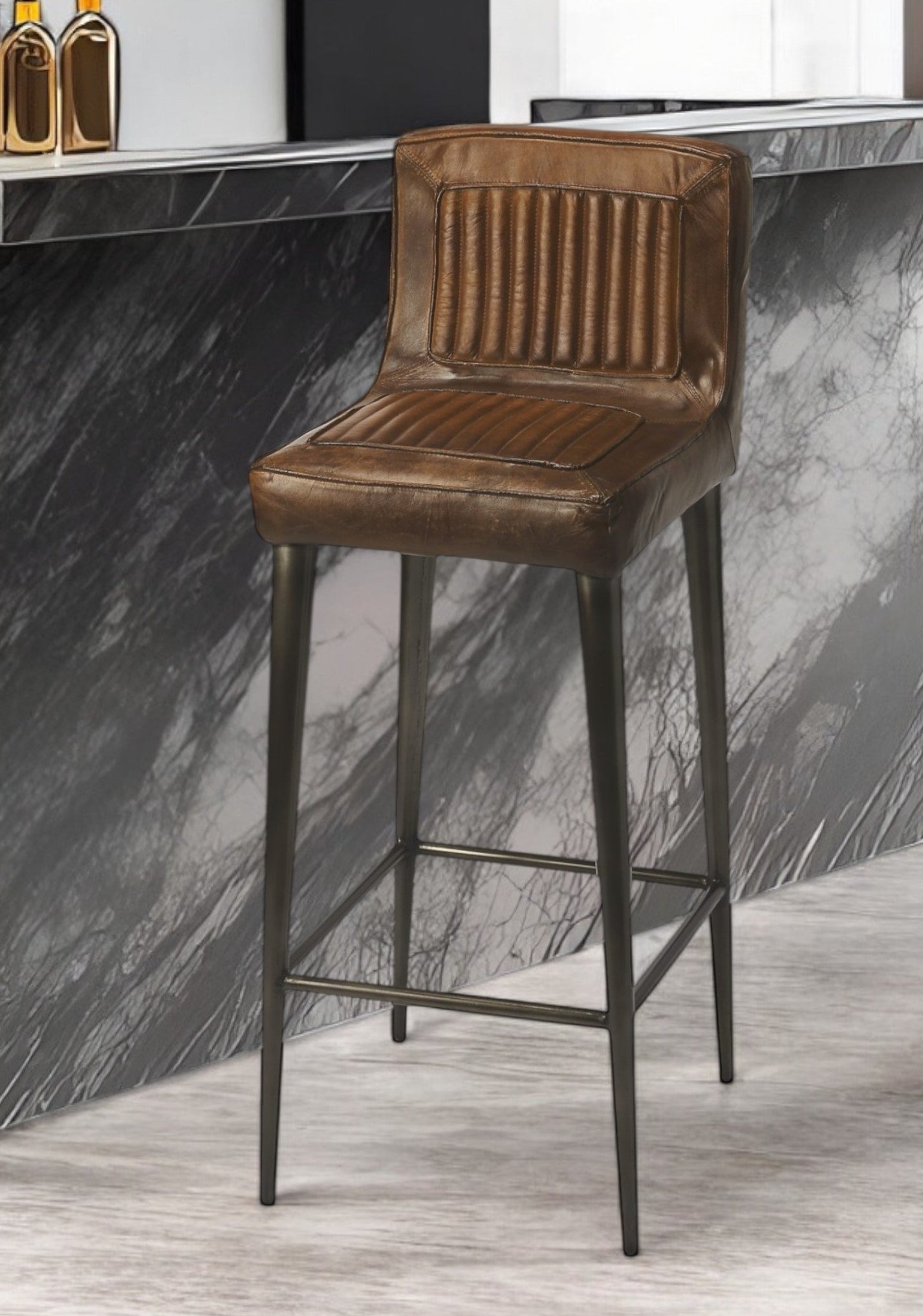 32" Brown and Black Manufactured Wood and Iron Bar Chair-Bar Chairs-DECOROLALA