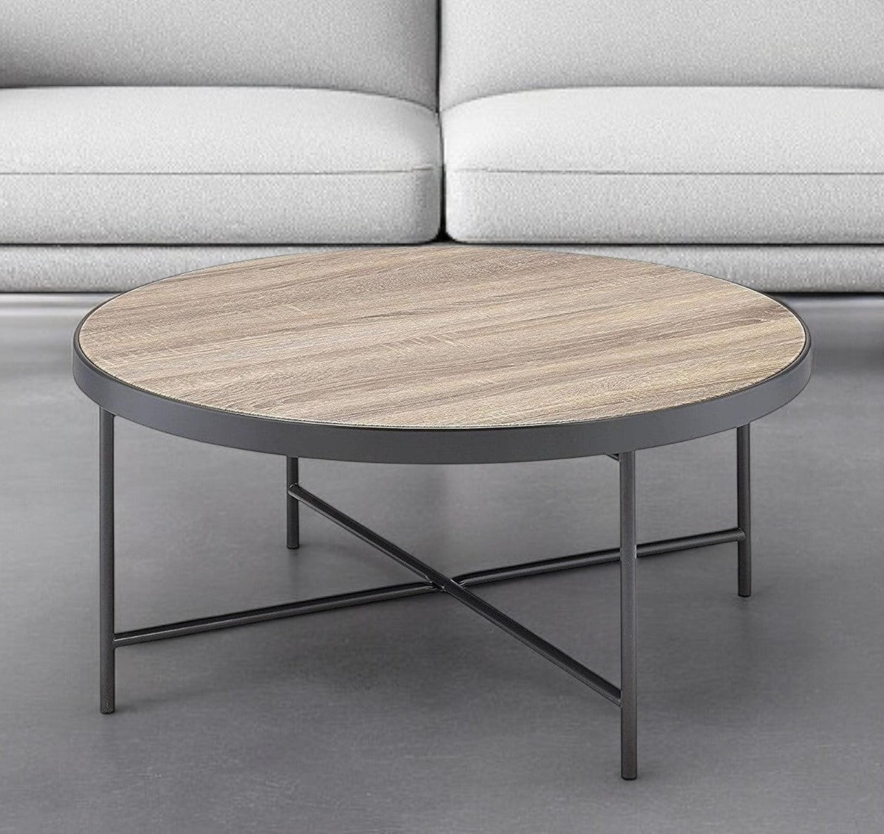 32" Brown and Black Wood And Iron Round Coffee Table-Coffee Tables-DECOROLALA