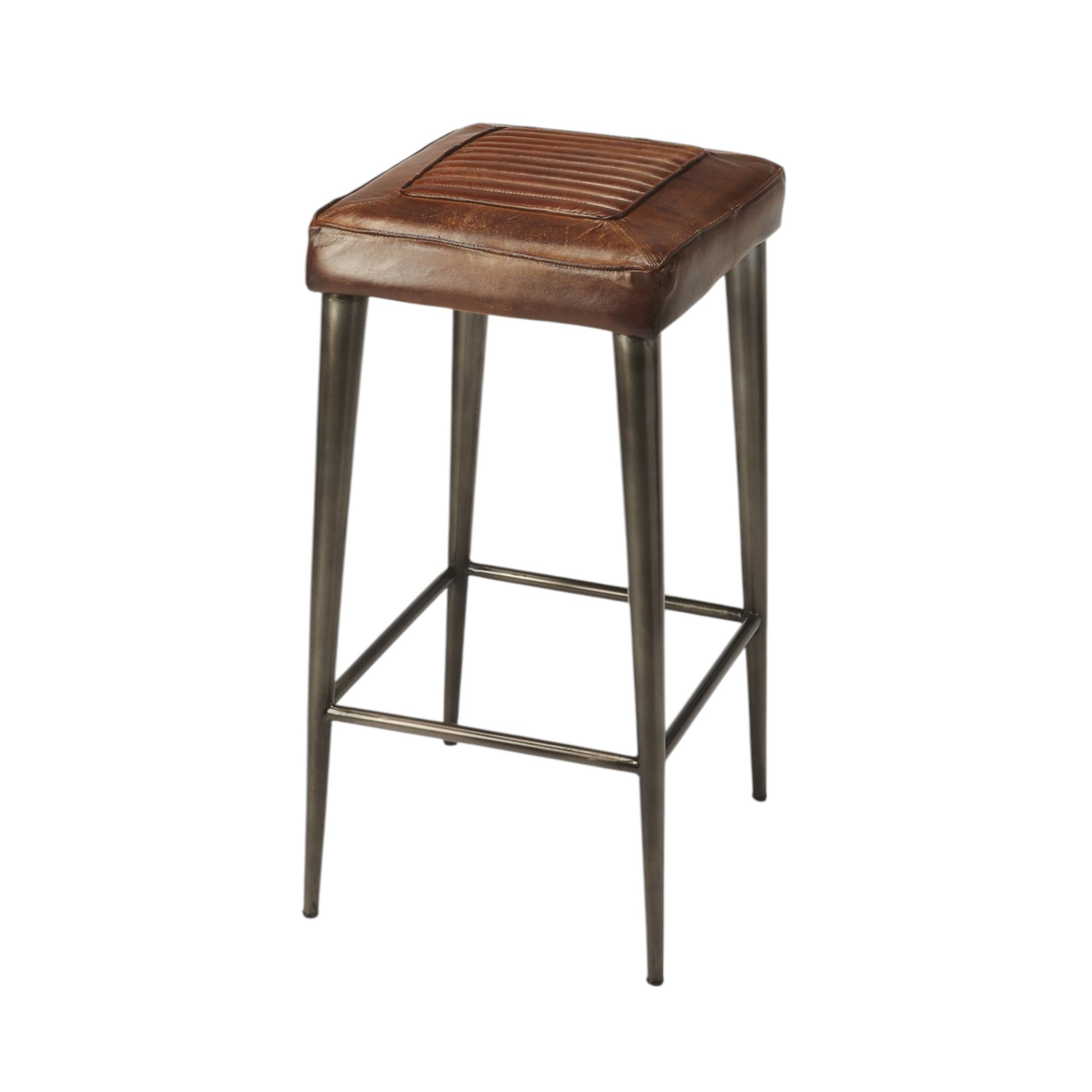 32" Brown and Gray Manufactured Wood and Iron Backless Counter Height Bar Chair-Bar Chairs-DECOROLALA