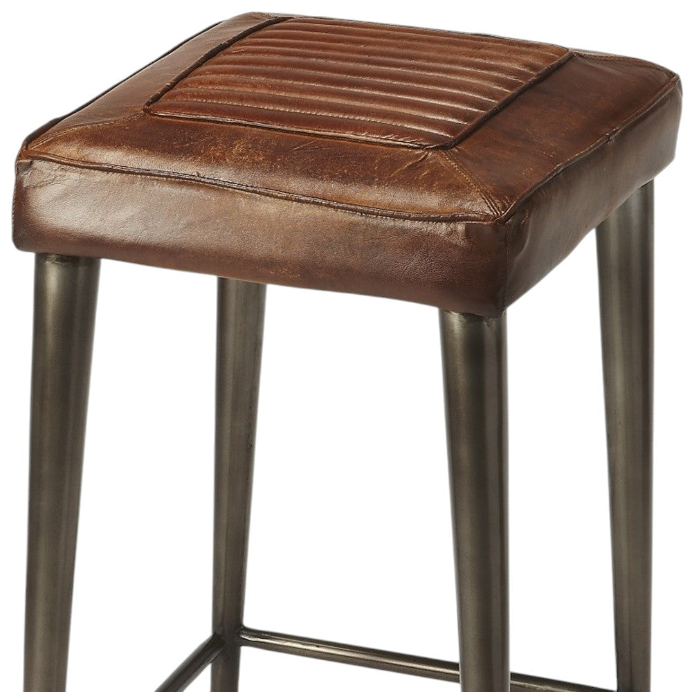 32" Brown and Gray Manufactured Wood and Iron Backless Counter Height Bar Chair-Bar Chairs-DECOROLALA