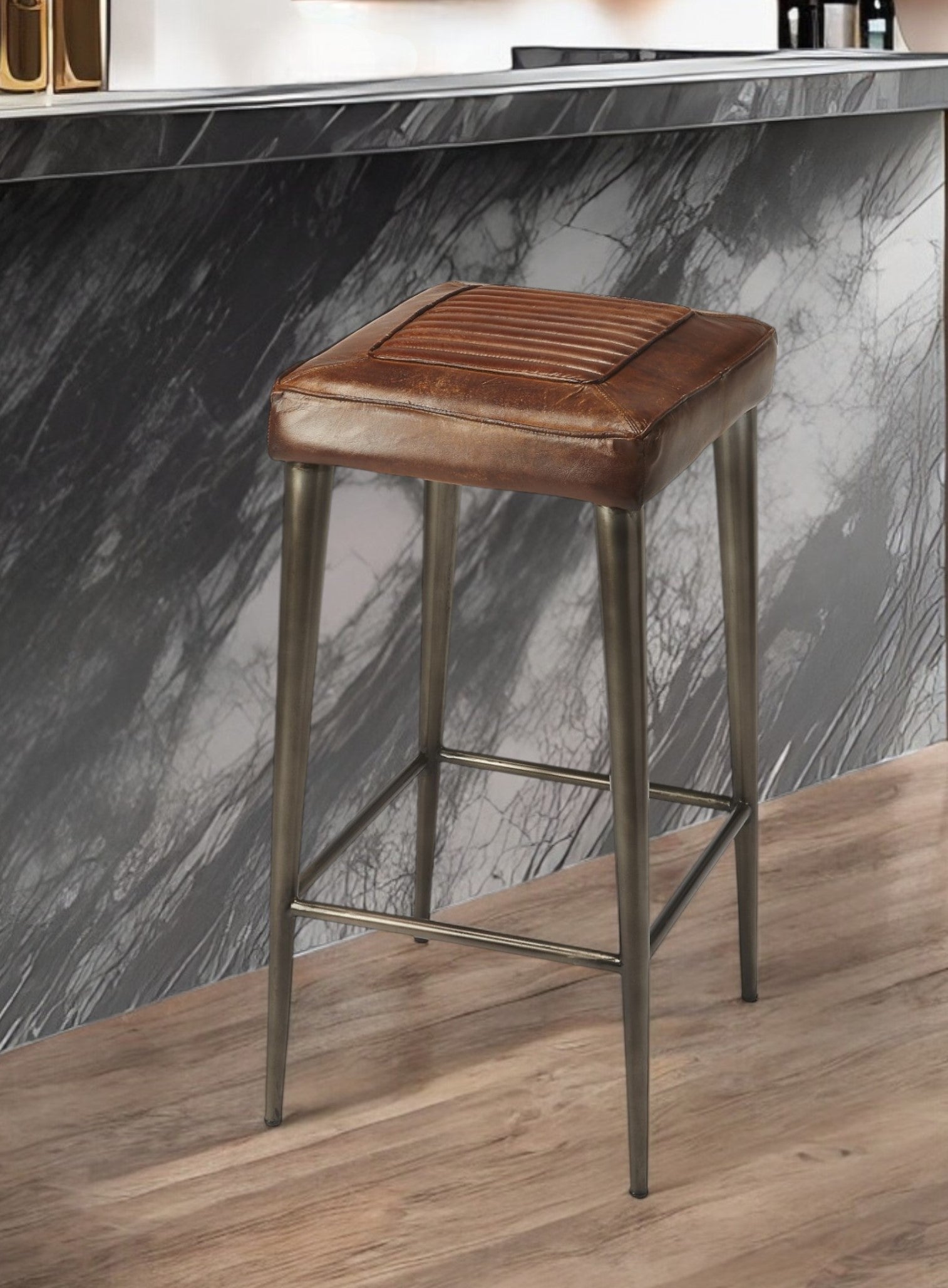 32" Brown and Gray Manufactured Wood and Iron Backless Counter Height Bar Chair-Bar Chairs-DECOROLALA