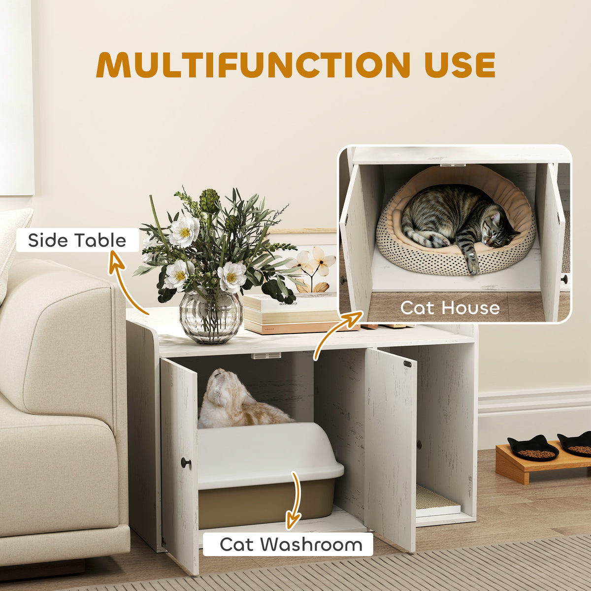 32" Cat Litter Box Enclosure - Distressed White MDF TV Stand-Cats-DECOROLALA
