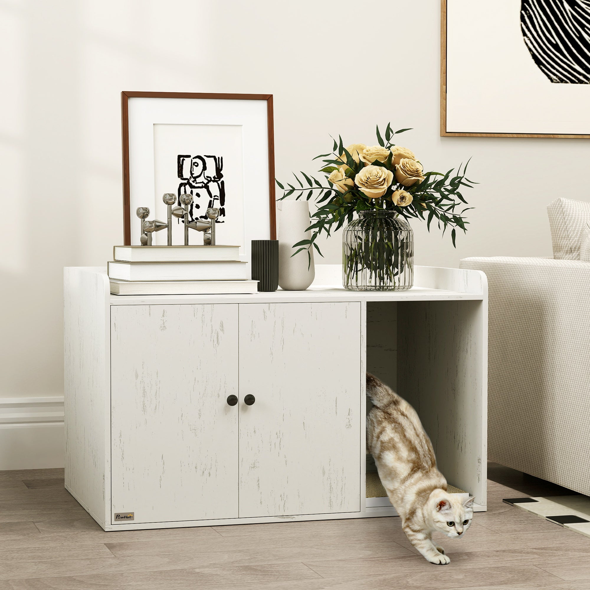 32" Cat Litter Box Enclosure - Distressed White MDF TV Stand-Cats-DECOROLALA