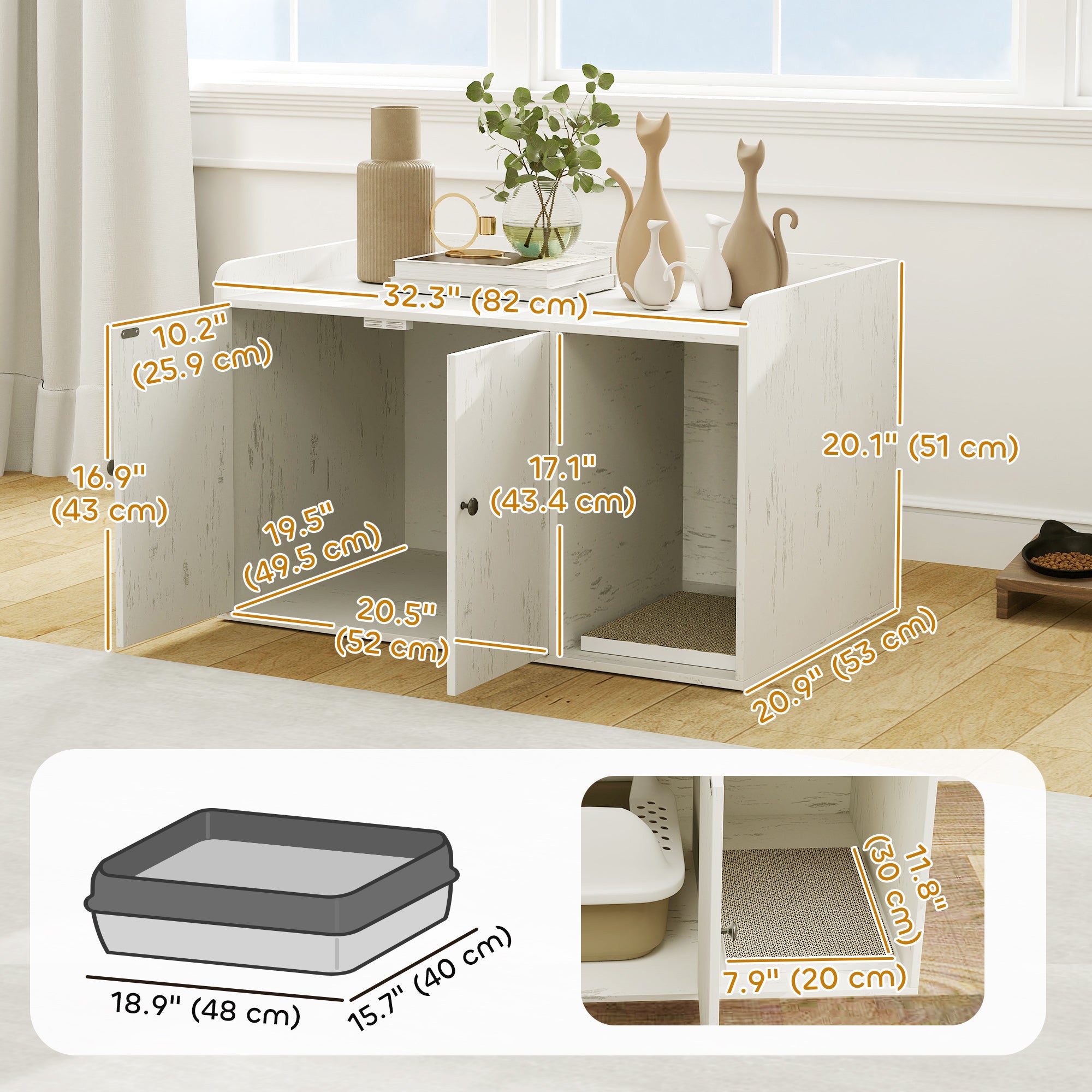 32" Cat Litter Box Enclosure with Scratching Mat, Cat Entrance, Fit Most of Cat and Litter Box, Distressed White-Cats-DECOROLALA