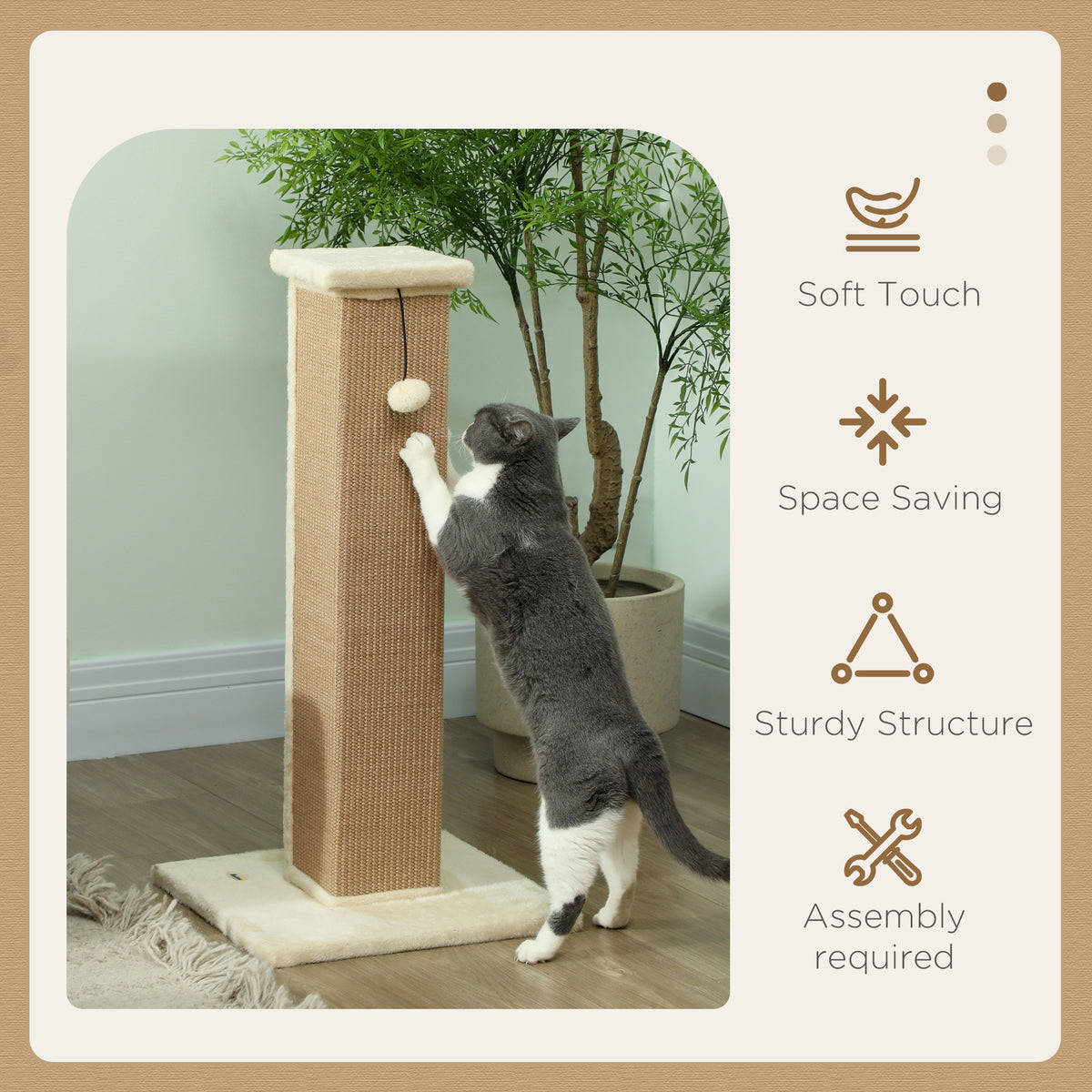 32" Cat Scratching Post with Sisal Rope and Hanging Ball - Beige-Cats-DECOROLALA
