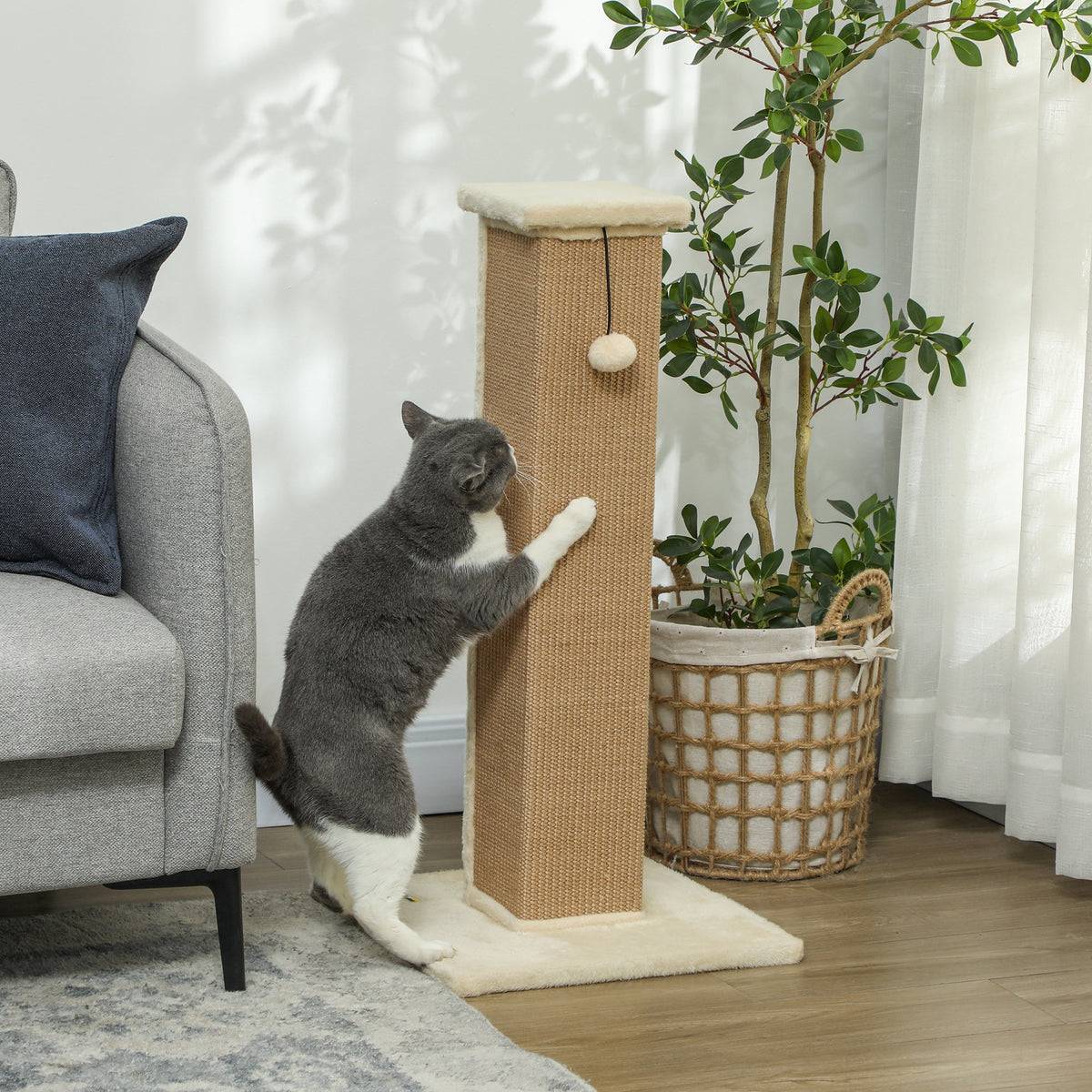 32" Cat Scratching Post with Sisal Rope and Hanging Ball - Beige-Cats-DECOROLALA