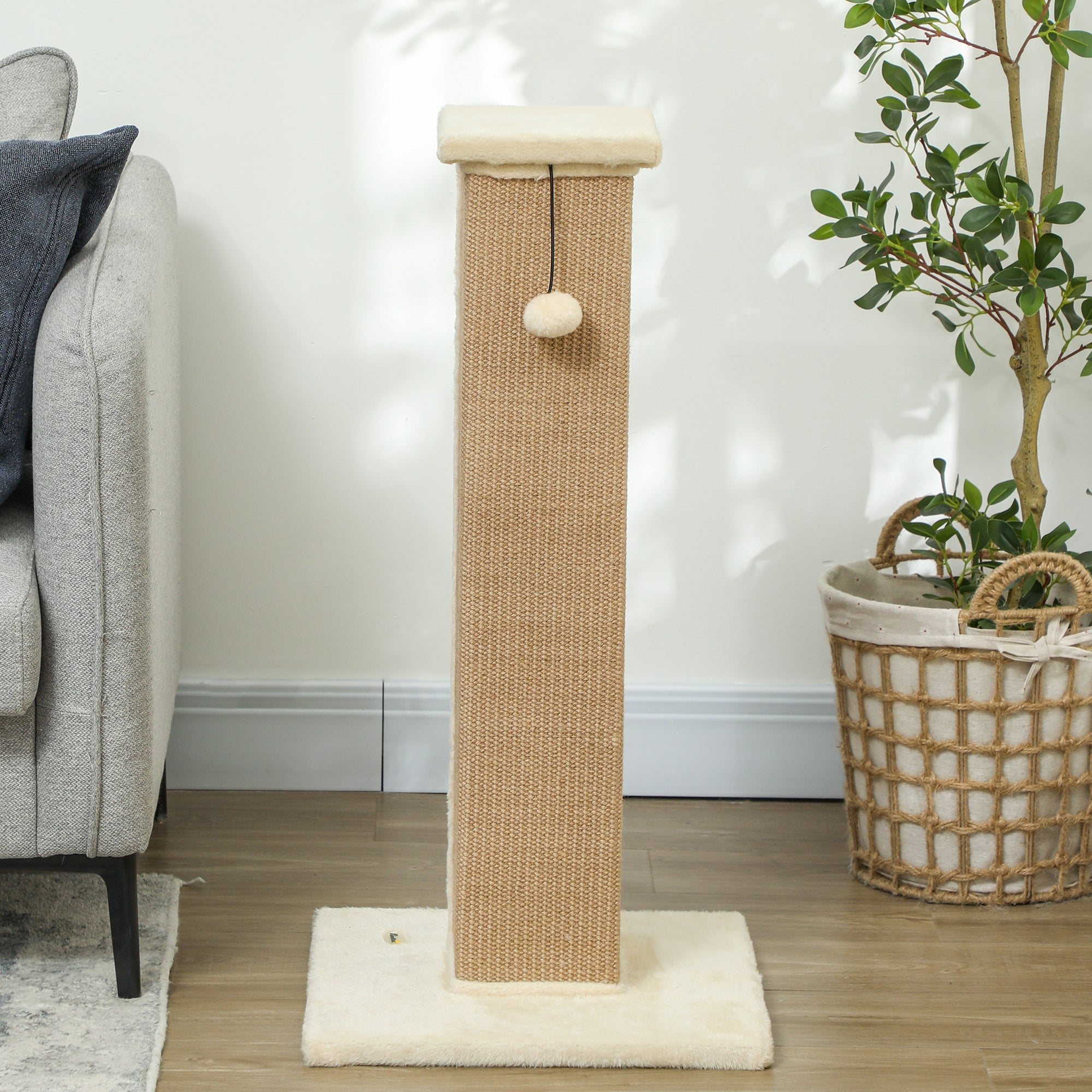 32" Cat Scratching Post with Sisal Rope and Hanging Ball - Beige-Cats-DECOROLALA