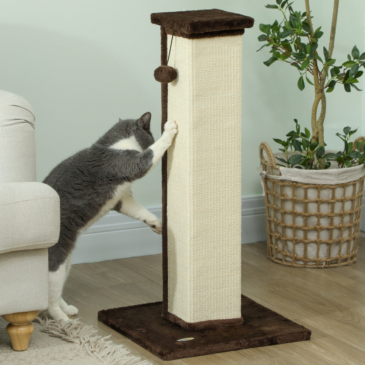 32" Cat Scratching Post with Sisal Rope and Hanging Ball - Brown-Cats-DECOROLALA
