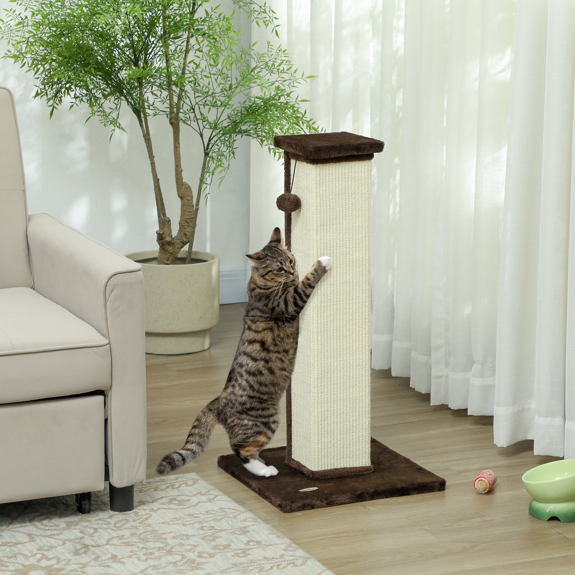 32" Cat Scratching Post with Sisal Rope and Hanging Ball - Brown-Cats-DECOROLALA
