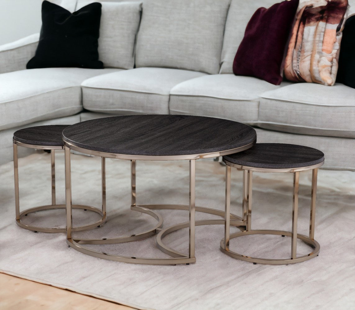 32" Champagne And Charcoal Manufactured Wood And Metal With Iron Round Coffee Table-Coffee Tables-DECOROLALA