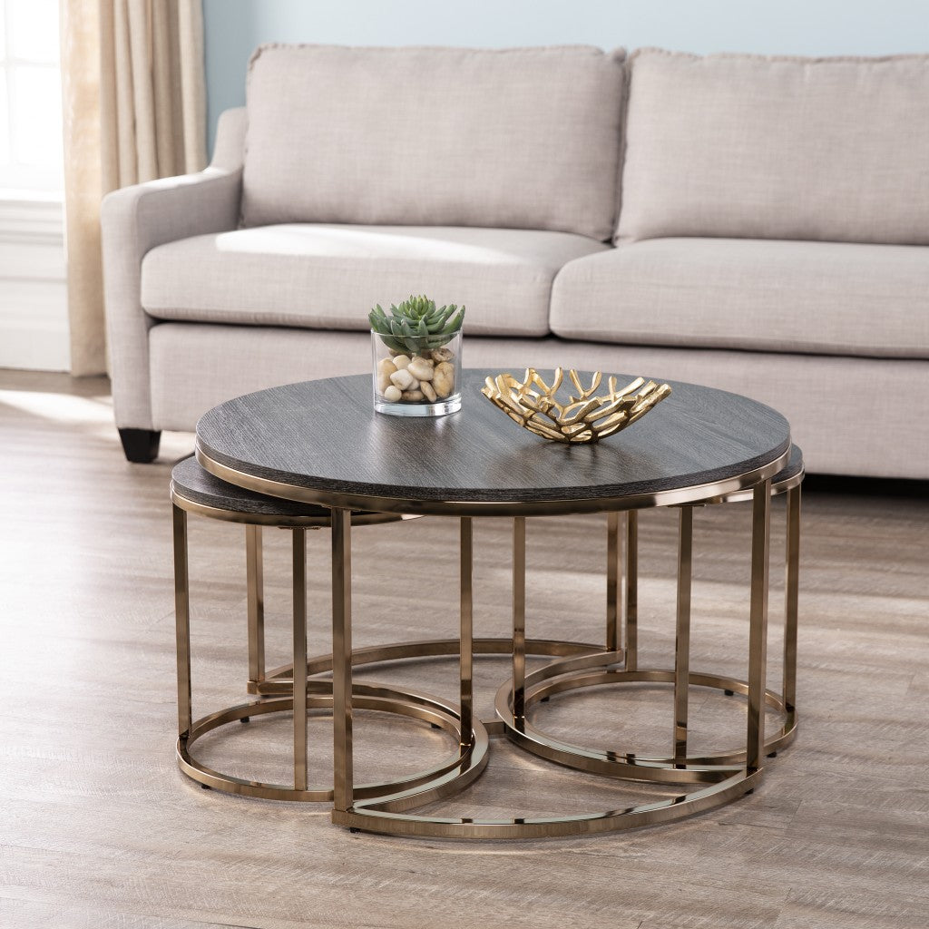 32" Champagne And Charcoal Manufactured Wood And Metal With Iron Round Coffee Table-Coffee Tables-DECOROLALA