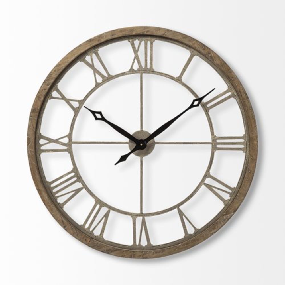 32" Circle Brown Metal Skeleton Wall Clock-Wall Clocks-DECOROLALA