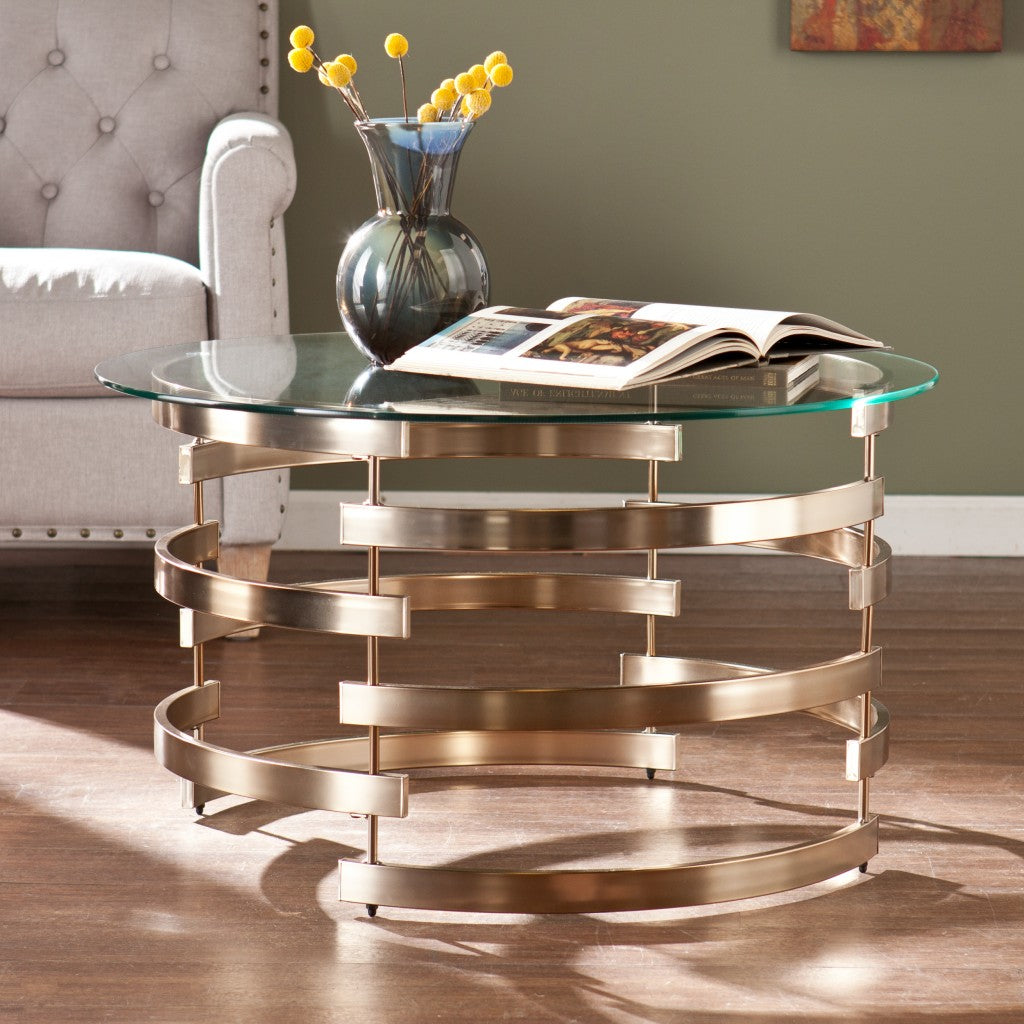 32" Clear And Champagne Glass And Metal With Iron Round Coffee Table-Coffee Tables-DECOROLALA