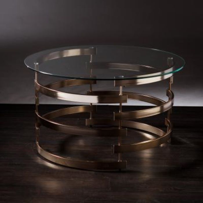 32" Clear And Champagne Glass And Metal With Iron Round Coffee Table-Coffee Tables-DECOROLALA