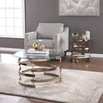 32" Clear And Champagne Glass And Metal With Iron Round Coffee Table-Coffee Tables-DECOROLALA