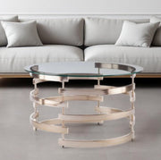 32" Clear And Champagne Glass And Metal With Iron Round Coffee Table-Coffee Tables-DECOROLALA