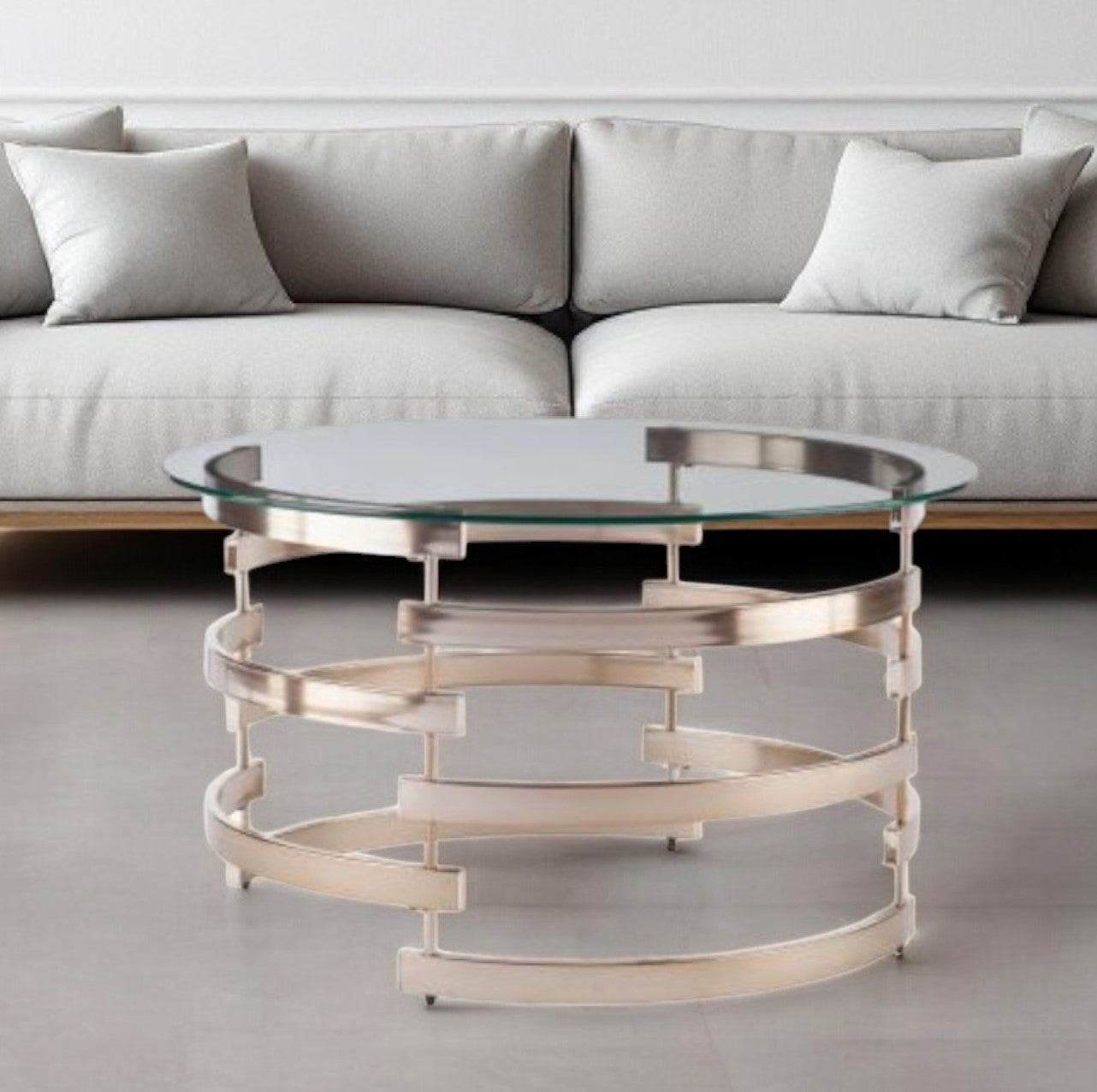 32" Clear And Champagne Glass And Metal With Iron Round Coffee Table-Coffee Tables-DECOROLALA