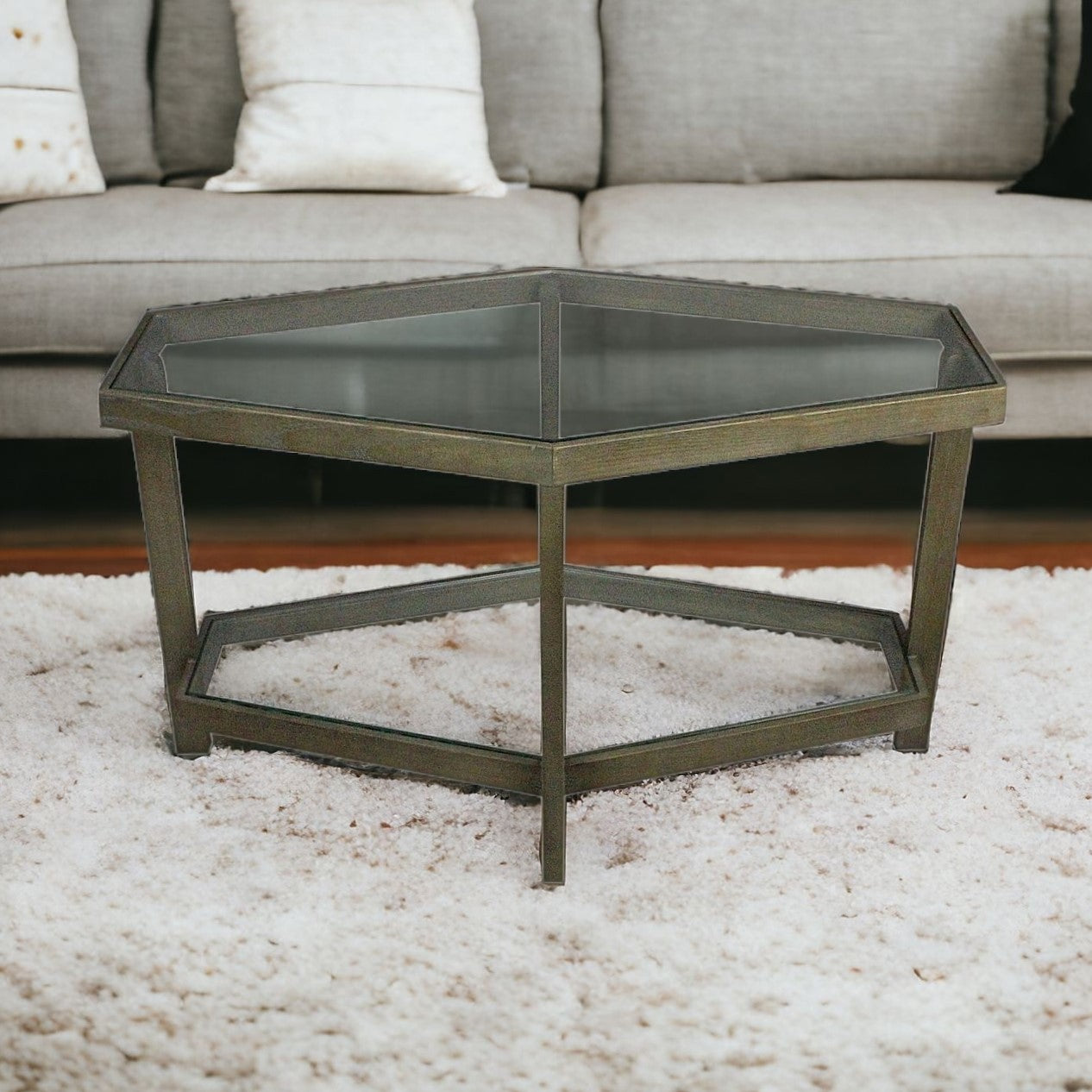 32" Clear and Brown Glass and Solid Wood Hexagon Distressed Frame Coffee Table-Coffee Tables-DECOROLALA