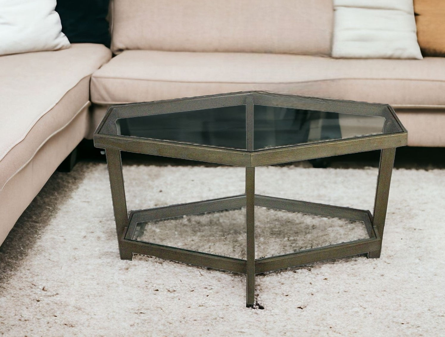 32" Clear and Brown Glass and Solid Wood Hexagon Distressed Frame Coffee Table-Coffee Tables-DECOROLALA