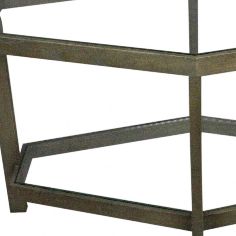 32" Clear and Brown Glass and Solid Wood Hexagon Distressed Frame Coffee Table-Coffee Tables-DECOROLALA