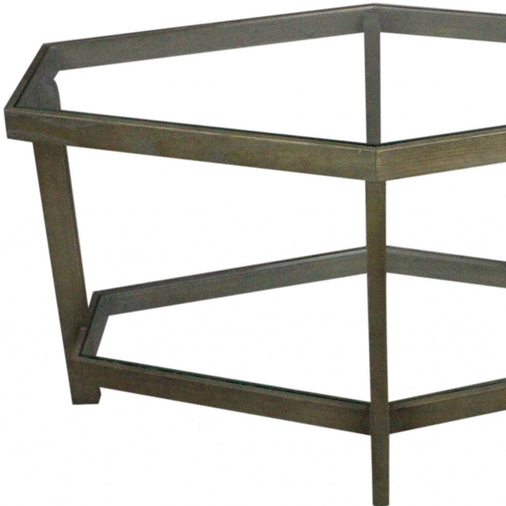 32" Clear and Brown Glass and Solid Wood Hexagon Distressed Frame Coffee Table-Coffee Tables-DECOROLALA