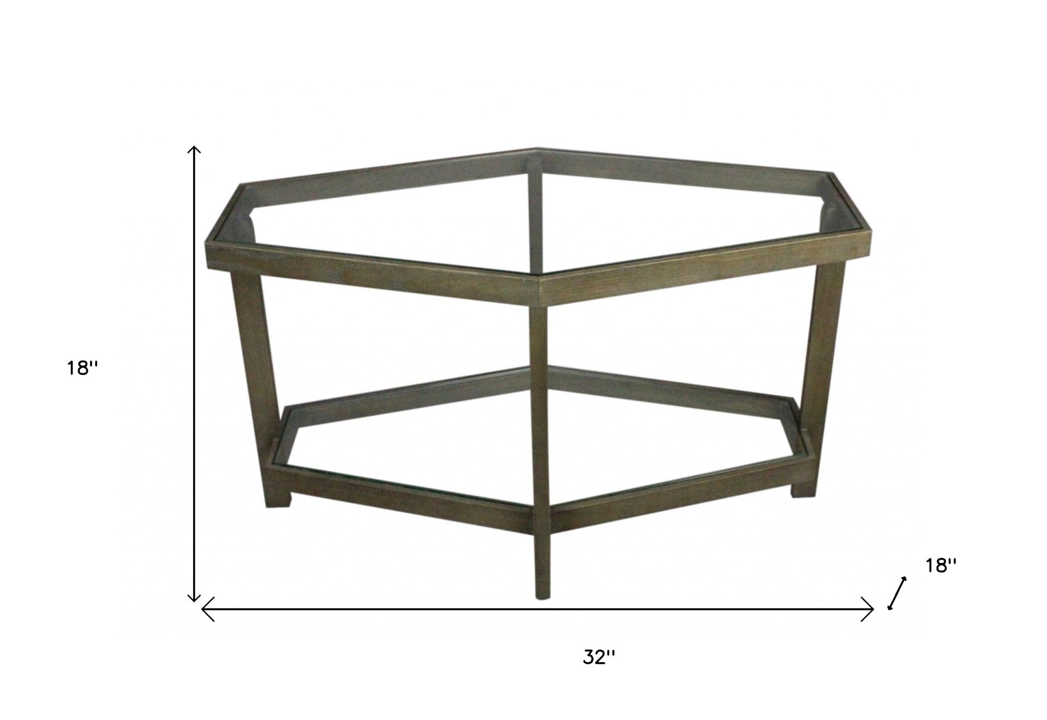 32" Clear and Brown Glass and Solid Wood Hexagon Distressed Frame Coffee Table-Coffee Tables-DECOROLALA