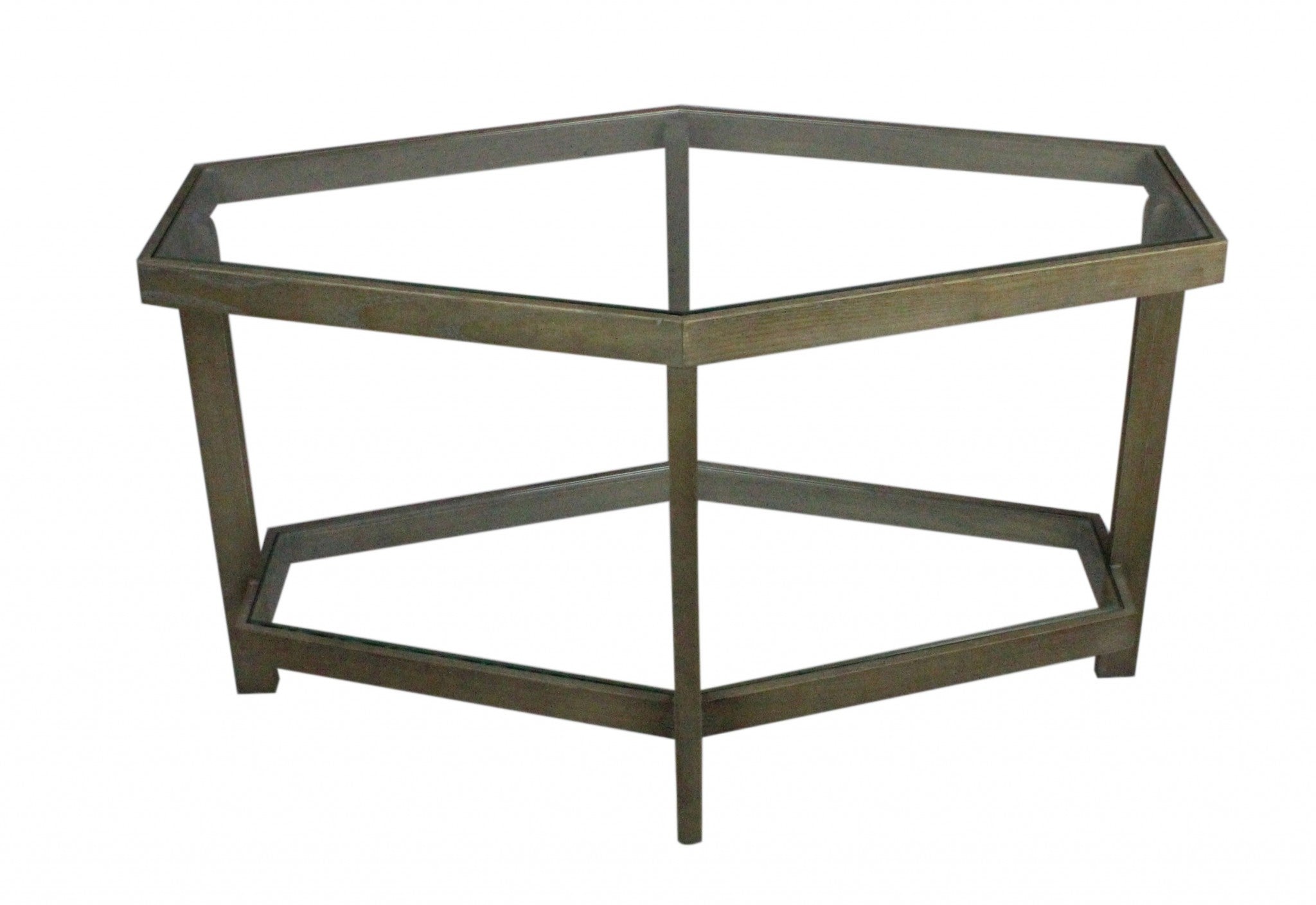 32" Clear and Brown Glass and Solid Wood Hexagon Distressed Frame Coffee Table-Coffee Tables-DECOROLALA