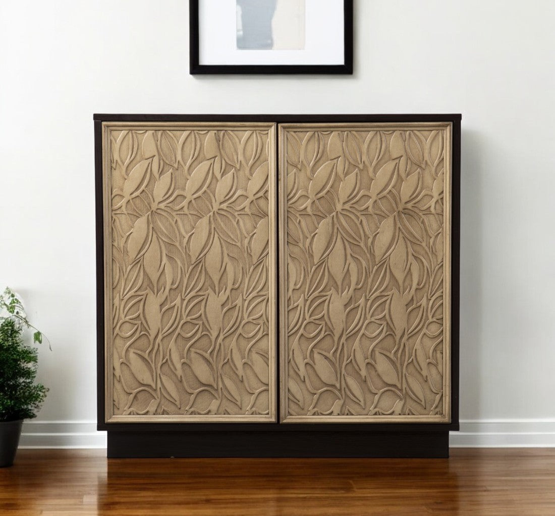 32" Dark Brown And Natural Carved Floral Sideboard with Two Doors-Sideboards-DECOROLALA