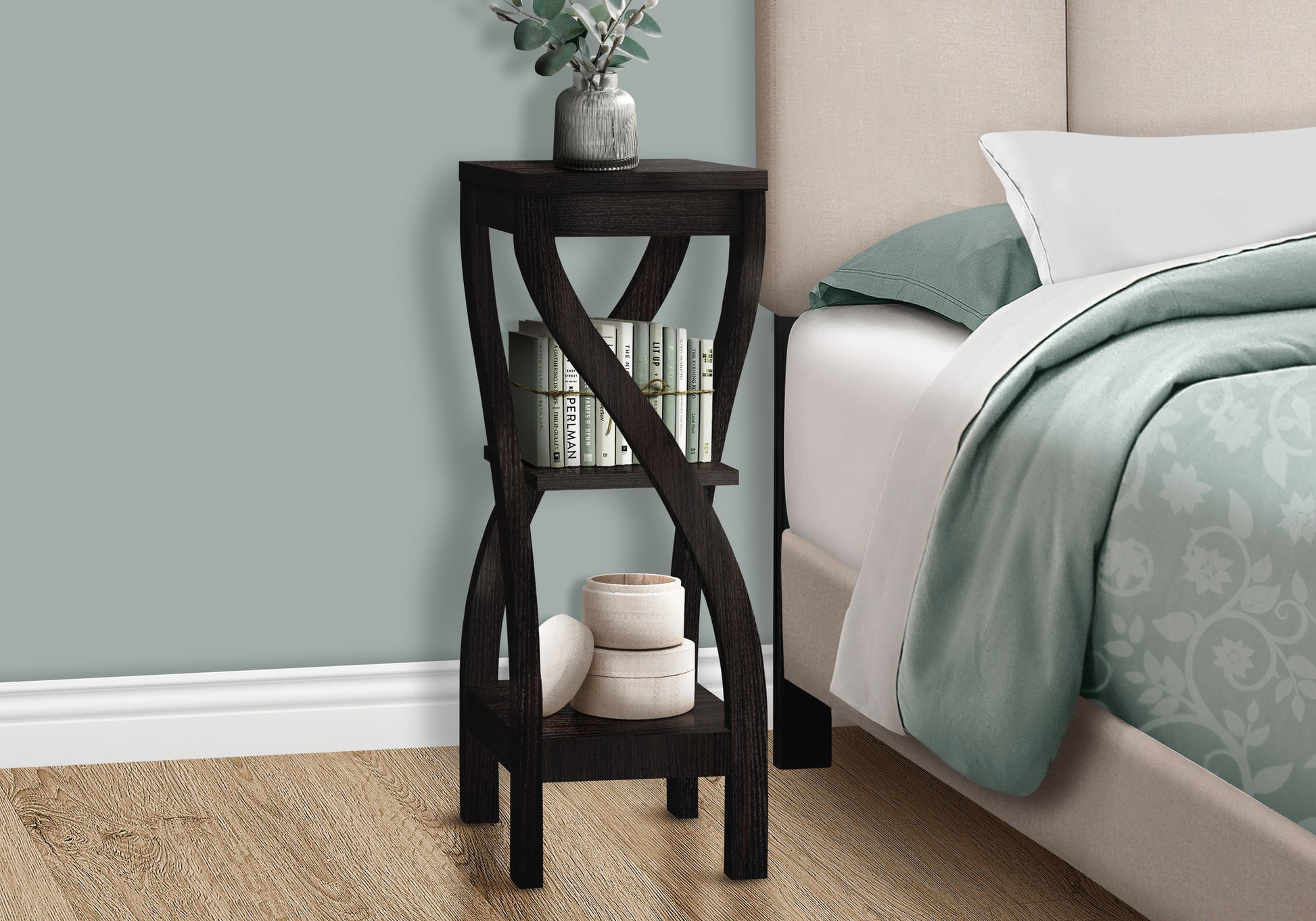 32" Dark Brown Wood Square End Table With Two Shelves-End-Side Tables-DECOROLALA